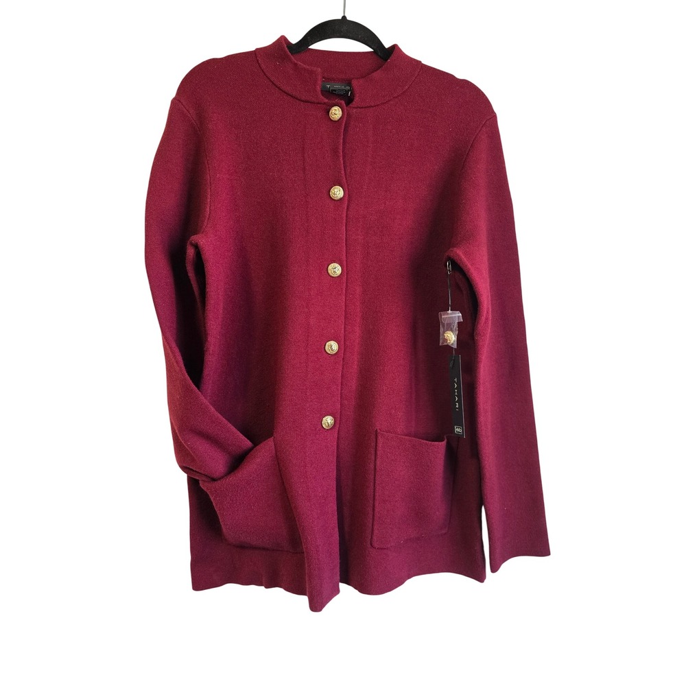 🆕️ NWT Tahari Womens Burgundy Mock Neck Longline Cardigan Gold Crest Buttons Lg